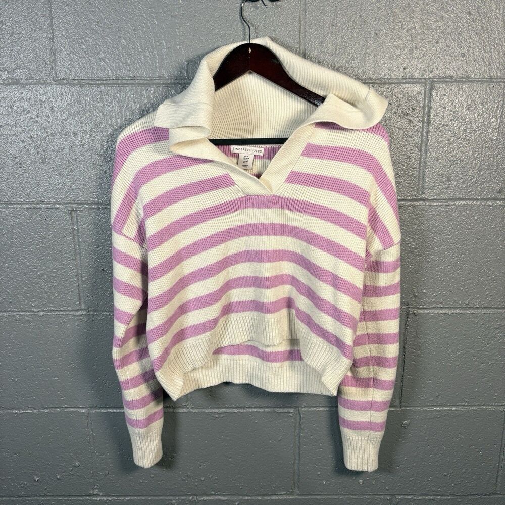 Sincerely Jules Sweater Women's M Pink Stripe Collared Crop Coastal Preppy